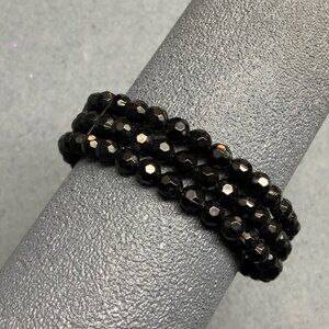Triple Strand Wrap Bracelet Black Faceted Bead Gunmetal Silver Spacers Vintage